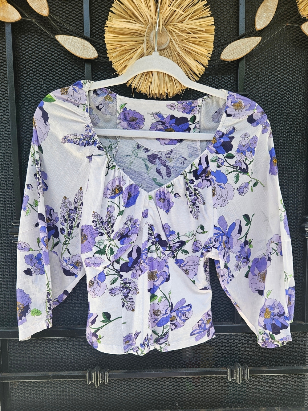 Anthropologie Purple Floral Print Square Neck Cotton Crop Top Blouse Women's XSP